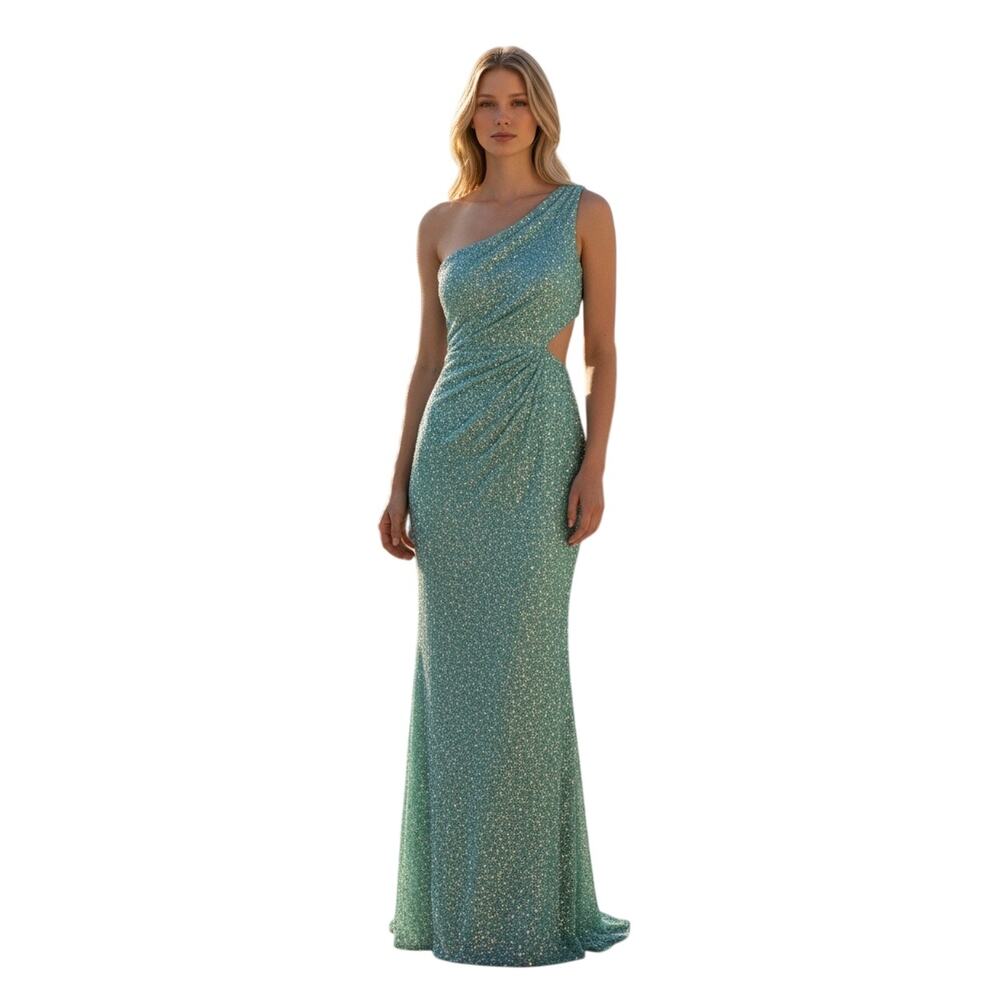 JVN by Jovani NWT One Shoulder Beaded Prom Dress in Mint Size 10